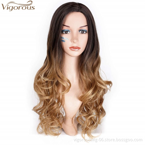 Vigorous High Quality Synthetic Long Wavy Ombre Brown Wig for Women Cosplay Heat Resistant Fiber Curly Colorful Wig